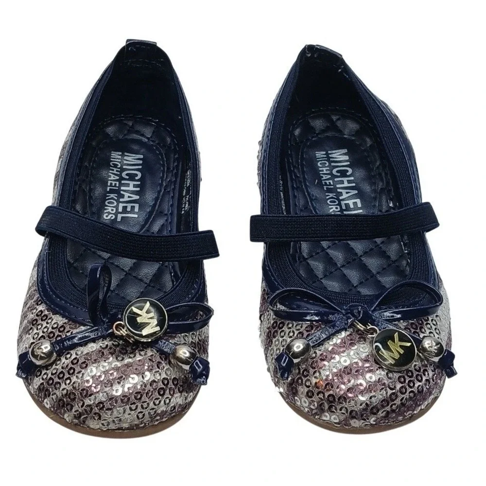 Michael Kors Lil Kory Ballet Flats Girls Size 8 Navy Blue Sequin‎ Mary Jane Bow
